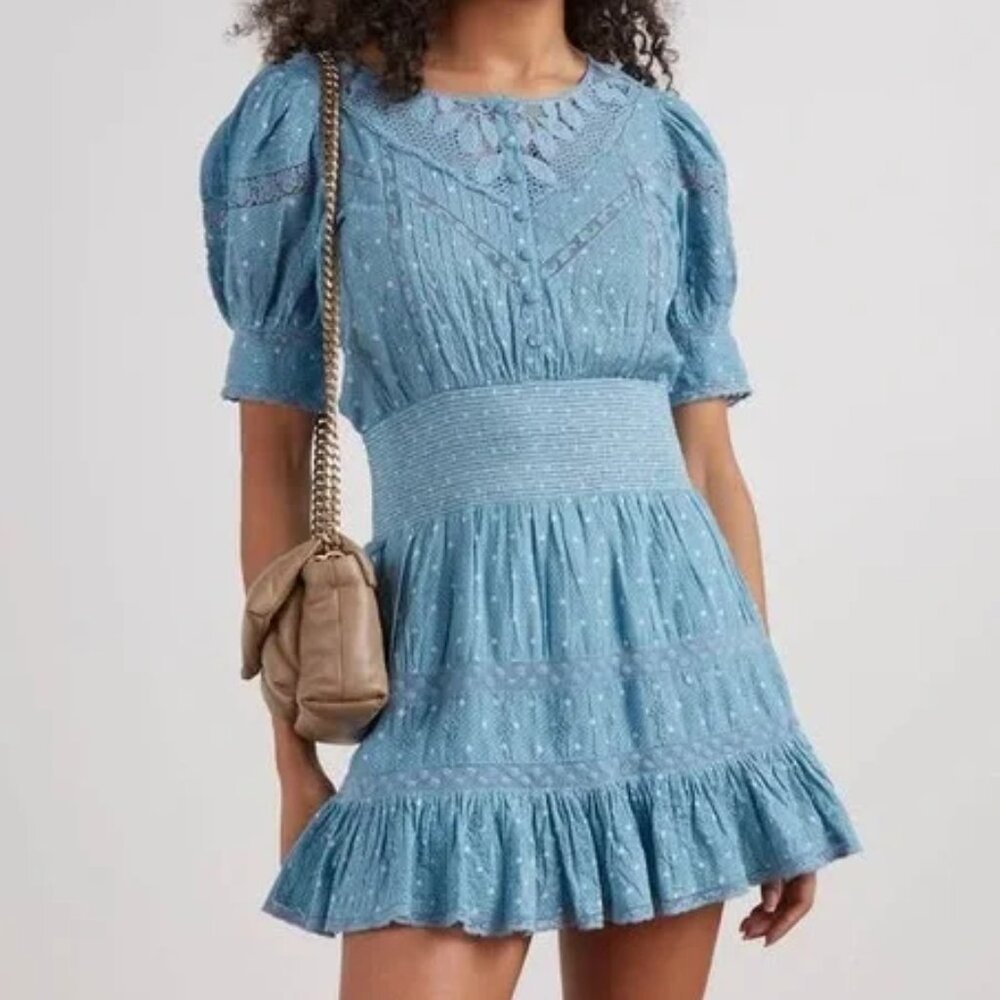 LoveShackFancy Blue Mini Dress with Puff Sleeves